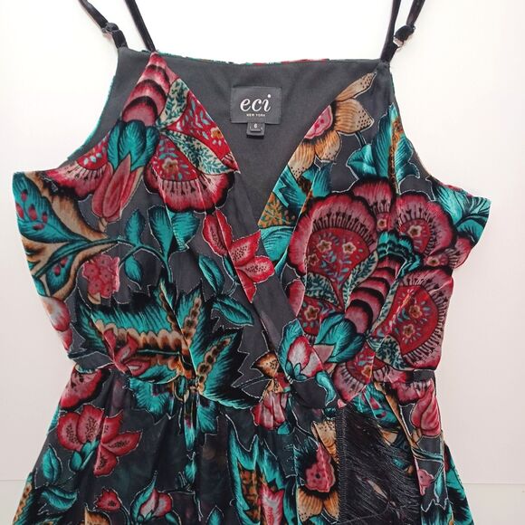 ECI New York Dress Velvet Burnout Size 6 Fringe Midi Boho Rock Fairy Grunge Goth - Picture 1 of 10